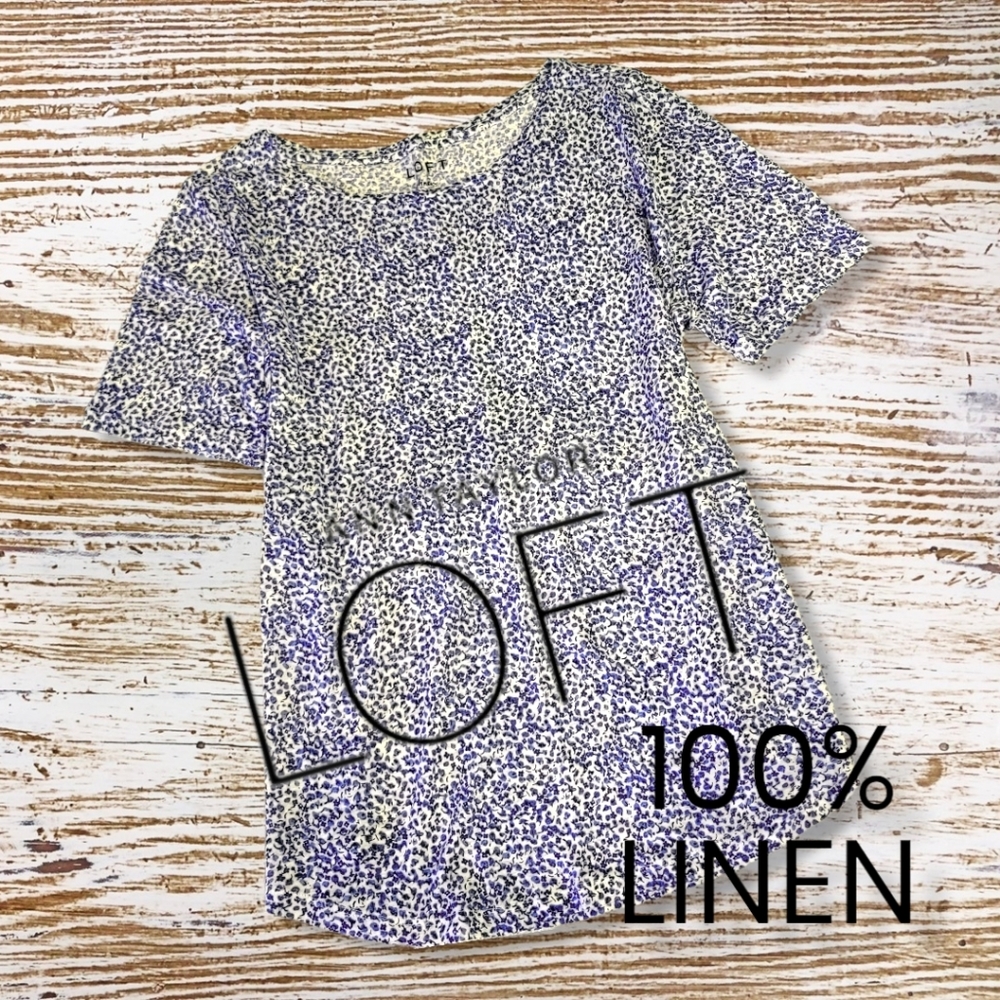 LOFT Linen Summer Top Blue Floral Flared Hemline for Comfort and Cool Breezes